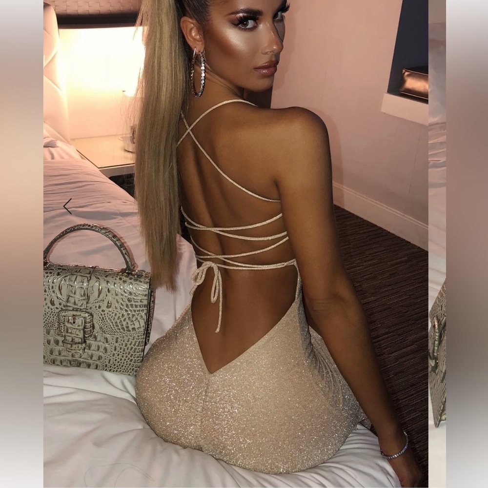 Gold Sparkle Backless Tie Front Bodycon Dress